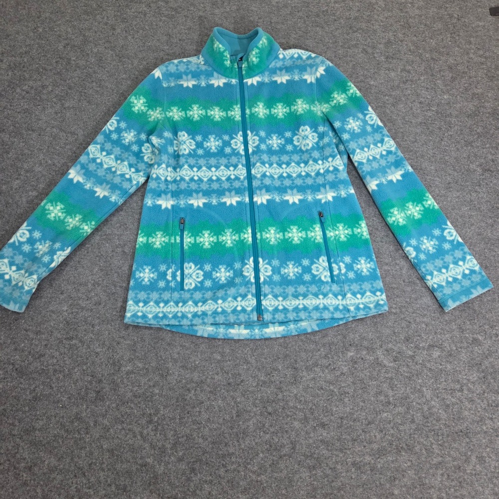 Talbots Women Blue Green Fair Isle Snowflake Fleece Full Zip Jacket Size SP